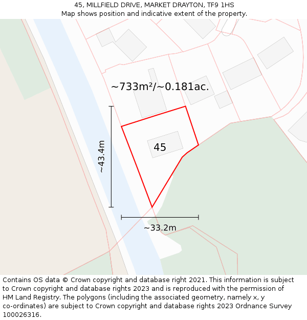 45, MILLFIELD DRIVE, MARKET DRAYTON, TF9 1HS: Plot and title map