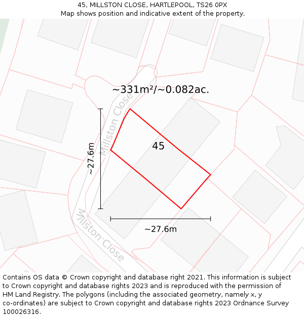 45, MILLSTON CLOSE, HARTLEPOOL, TS26 0PX: Plot and title map