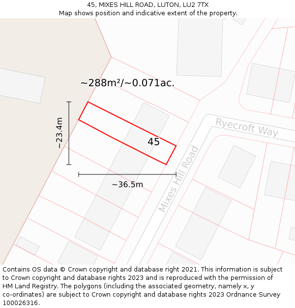 45, MIXES HILL ROAD, LUTON, LU2 7TX: Plot and title map