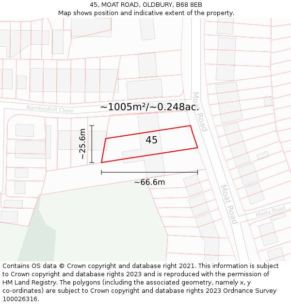 45, MOAT ROAD, OLDBURY, B68 8EB: Plot and title map