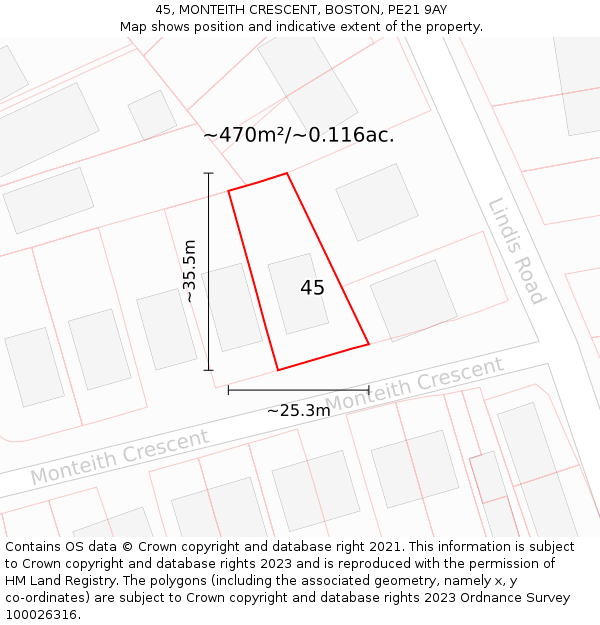 45, MONTEITH CRESCENT, BOSTON, PE21 9AY: Plot and title map