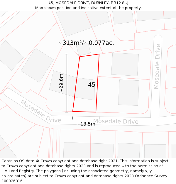 45, MOSEDALE DRIVE, BURNLEY, BB12 8UJ: Plot and title map