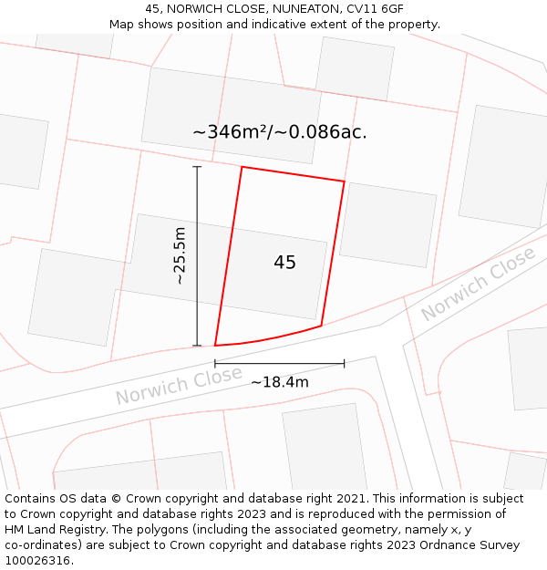 45, NORWICH CLOSE, NUNEATON, CV11 6GF: Plot and title map