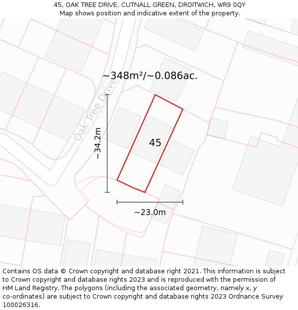 45, OAK TREE DRIVE, CUTNALL GREEN, DROITWICH, WR9 0QY: Plot and title map