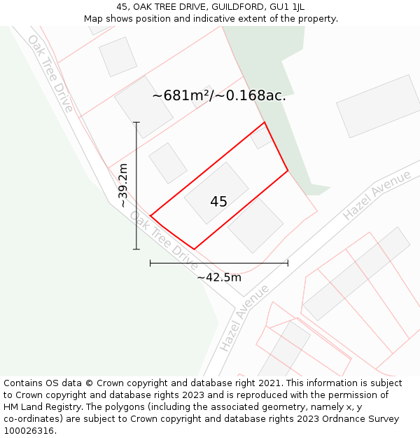 45, OAK TREE DRIVE, GUILDFORD, GU1 1JL: Plot and title map