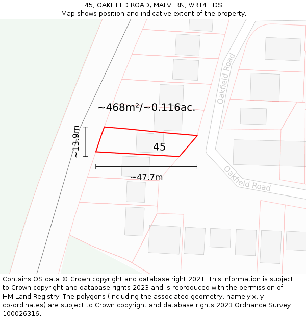 45, OAKFIELD ROAD, MALVERN, WR14 1DS: Plot and title map