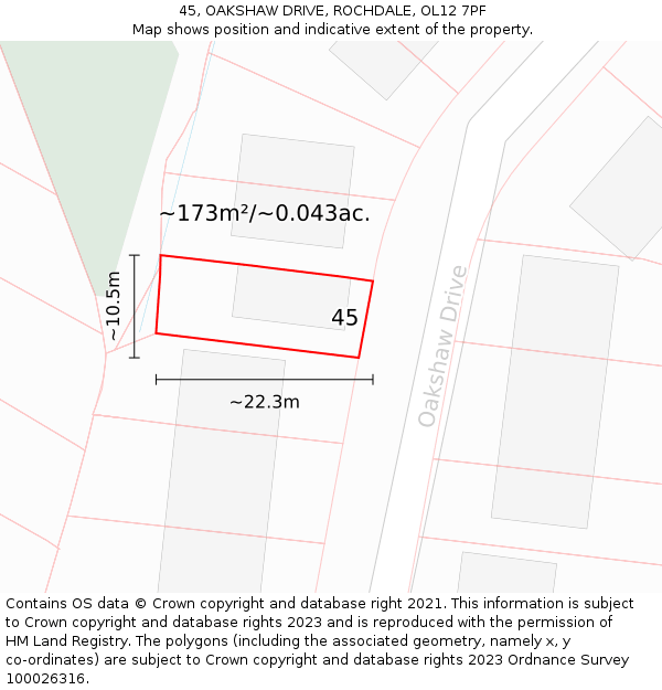 45, OAKSHAW DRIVE, ROCHDALE, OL12 7PF: Plot and title map