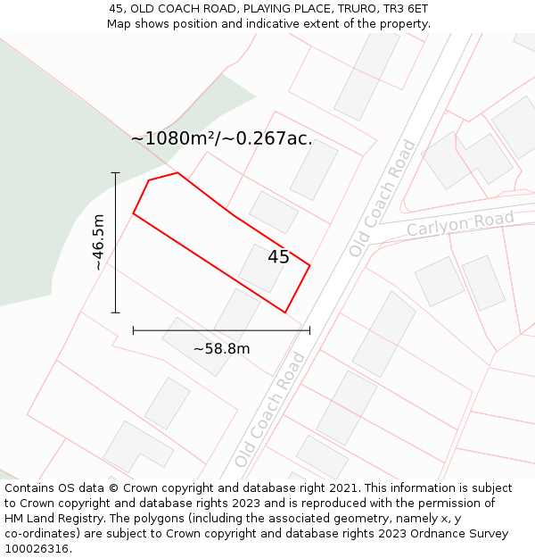 45, OLD COACH ROAD, PLAYING PLACE, TRURO, TR3 6ET: Plot and title map