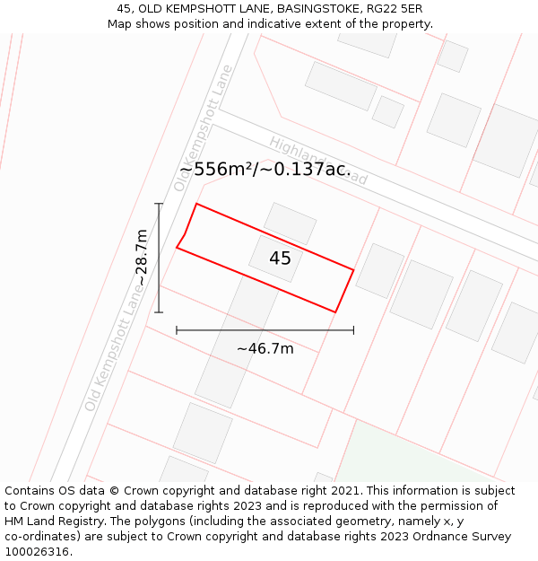 45, OLD KEMPSHOTT LANE, BASINGSTOKE, RG22 5ER: Plot and title map