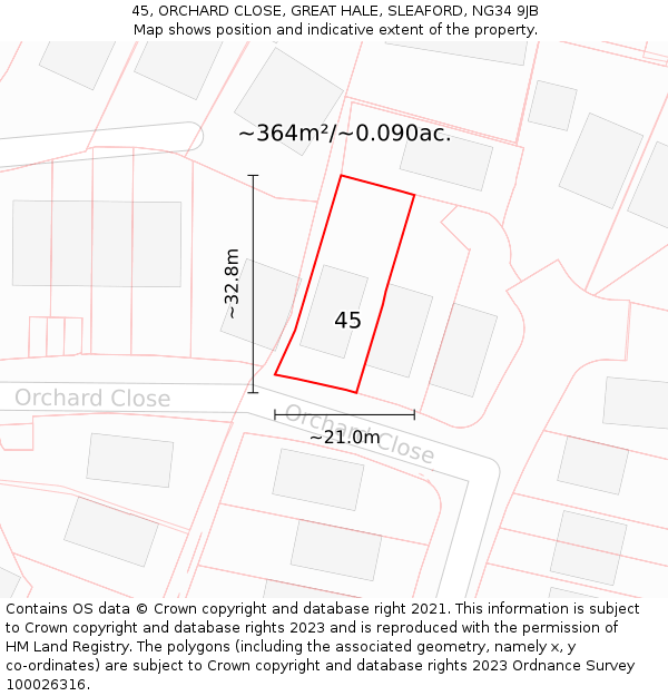 45, ORCHARD CLOSE, GREAT HALE, SLEAFORD, NG34 9JB: Plot and title map