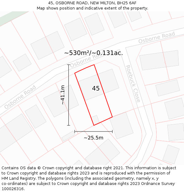 45, OSBORNE ROAD, NEW MILTON, BH25 6AF: Plot and title map