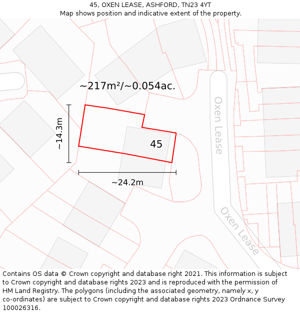 45, OXEN LEASE, ASHFORD, TN23 4YT: Plot and title map