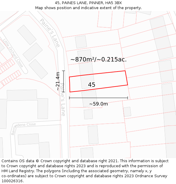 45, PAINES LANE, PINNER, HA5 3BX: Plot and title map