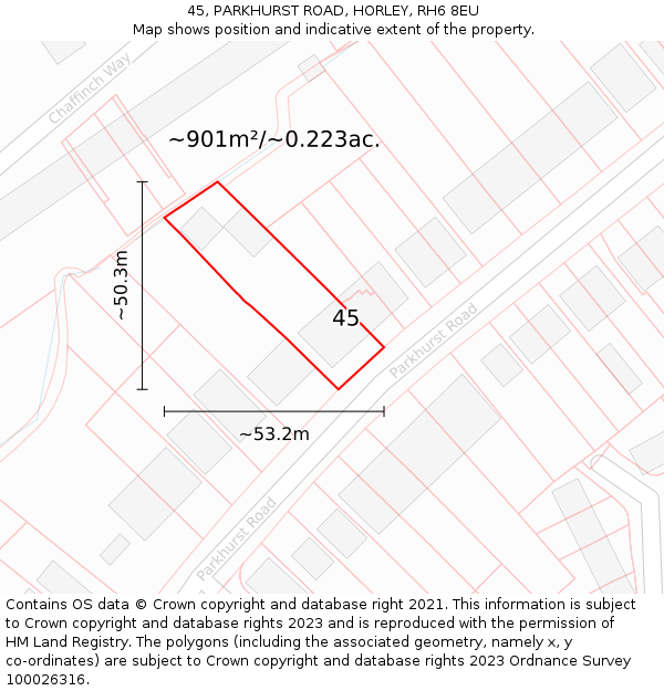 45, PARKHURST ROAD, HORLEY, RH6 8EU: Plot and title map