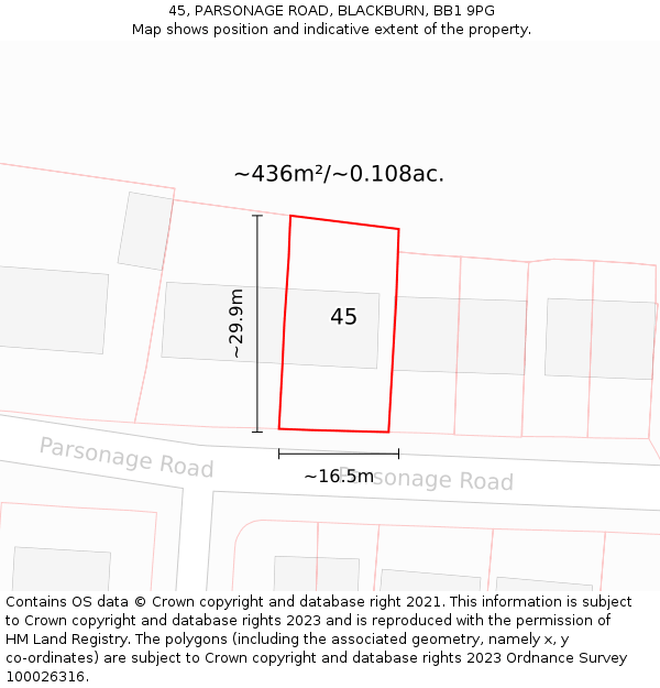 45, PARSONAGE ROAD, BLACKBURN, BB1 9PG: Plot and title map