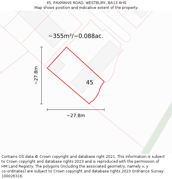 45, PAXMANS ROAD, WESTBURY, BA13 4HS: Plot and title map