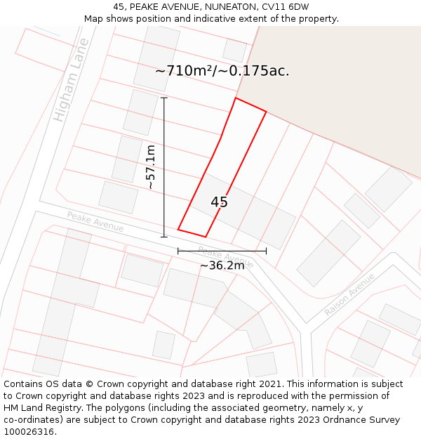 45, PEAKE AVENUE, NUNEATON, CV11 6DW: Plot and title map