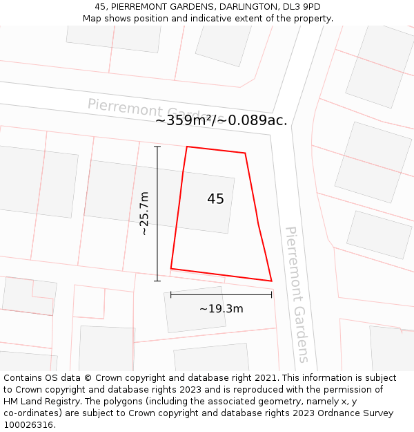 45, PIERREMONT GARDENS, DARLINGTON, DL3 9PD: Plot and title map