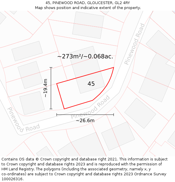 45, PINEWOOD ROAD, GLOUCESTER, GL2 4RY: Plot and title map