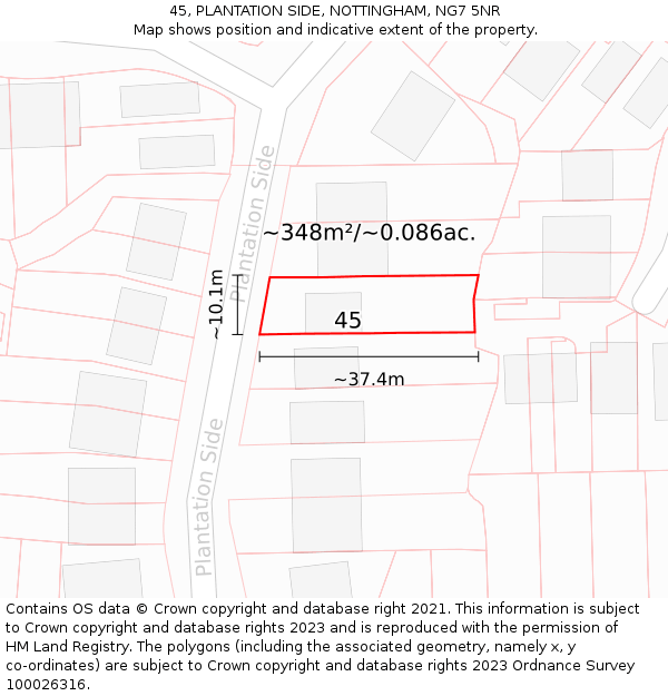 45, PLANTATION SIDE, NOTTINGHAM, NG7 5NR: Plot and title map