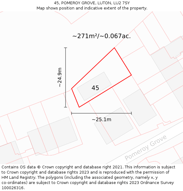 45, POMEROY GROVE, LUTON, LU2 7SY: Plot and title map