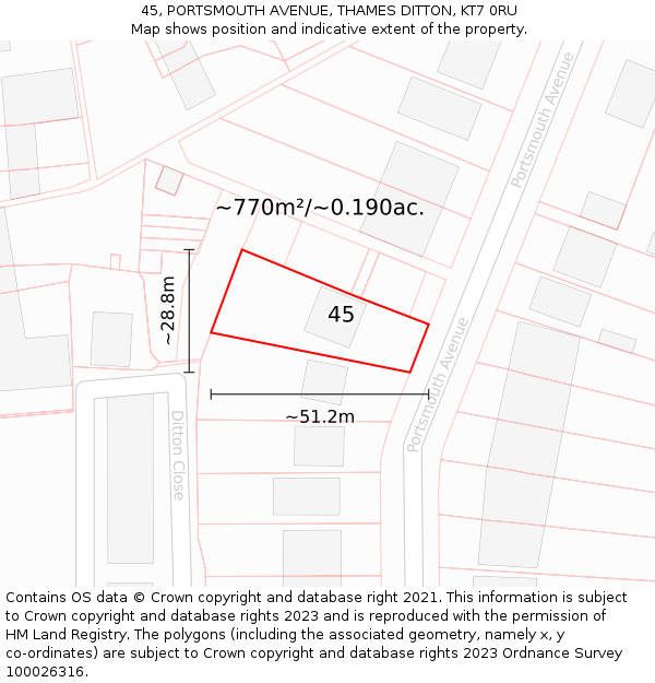 45, PORTSMOUTH AVENUE, THAMES DITTON, KT7 0RU: Plot and title map
