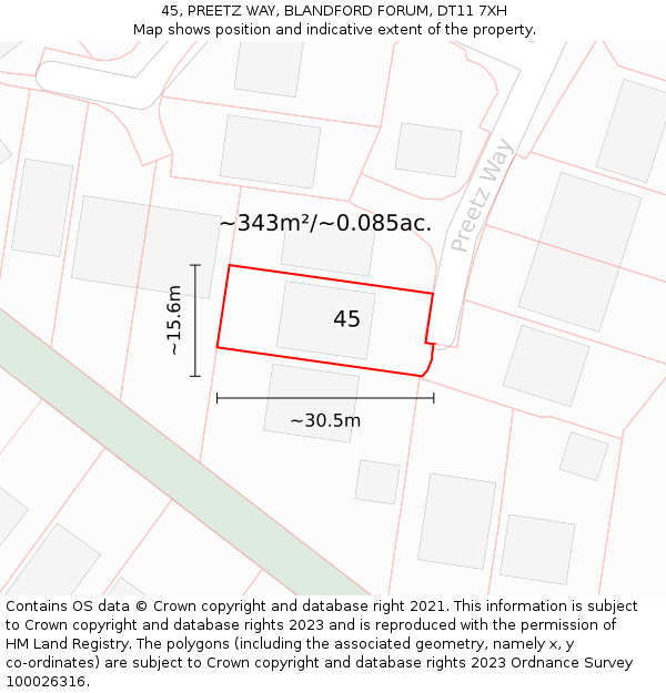 45, PREETZ WAY, BLANDFORD FORUM, DT11 7XH: Plot and title map