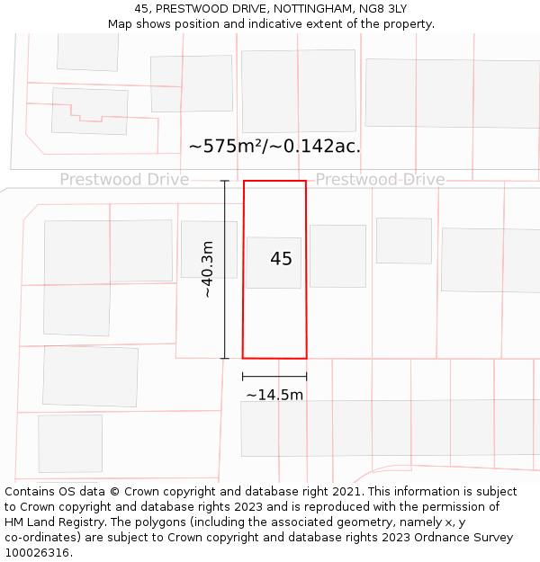 45, PRESTWOOD DRIVE, NOTTINGHAM, NG8 3LY: Plot and title map