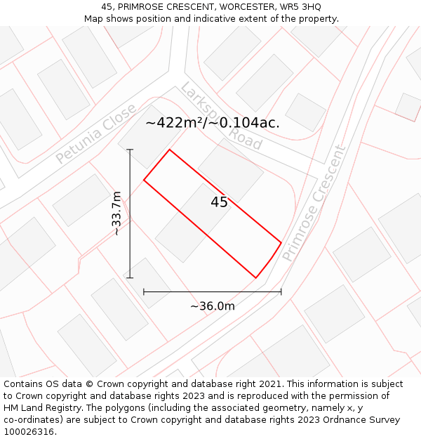 45, PRIMROSE CRESCENT, WORCESTER, WR5 3HQ: Plot and title map