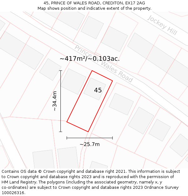 45, PRINCE OF WALES ROAD, CREDITON, EX17 2AG: Plot and title map