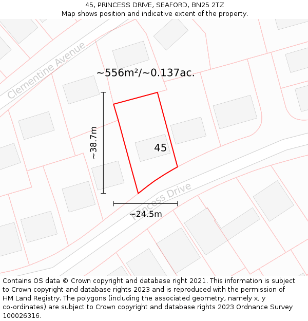 45, PRINCESS DRIVE, SEAFORD, BN25 2TZ: Plot and title map