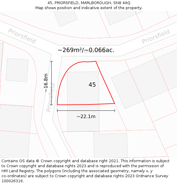 45, PRIORSFIELD, MARLBOROUGH, SN8 4AQ: Plot and title map