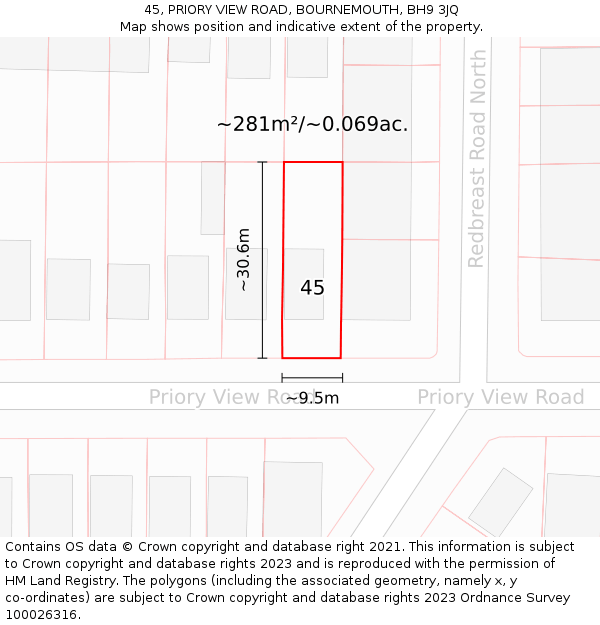 45, PRIORY VIEW ROAD, BOURNEMOUTH, BH9 3JQ: Plot and title map