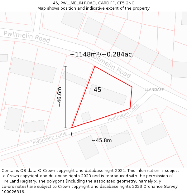 45, PWLLMELIN ROAD, CARDIFF, CF5 2NG: Plot and title map