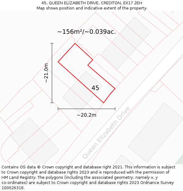 45, QUEEN ELIZABETH DRIVE, CREDITON, EX17 2EH: Plot and title map