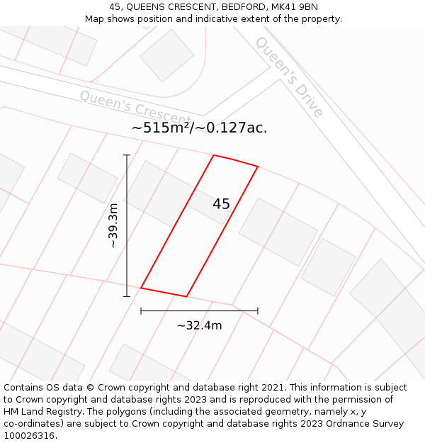 45, QUEENS CRESCENT, BEDFORD, MK41 9BN: Plot and title map