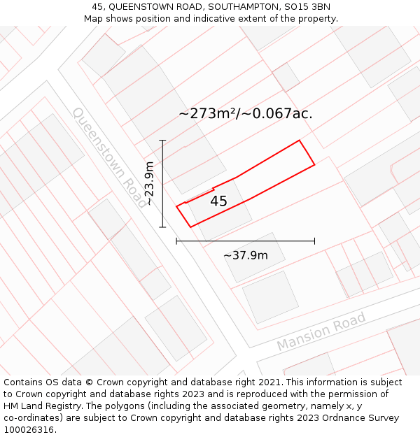 45, QUEENSTOWN ROAD, SOUTHAMPTON, SO15 3BN: Plot and title map