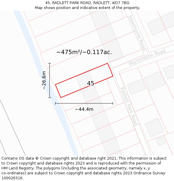 45, RADLETT PARK ROAD, RADLETT, WD7 7BG: Plot and title map