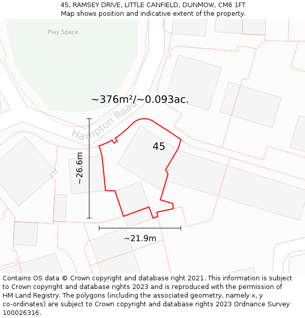 45, RAMSEY DRIVE, LITTLE CANFIELD, DUNMOW, CM6 1FT: Plot and title map