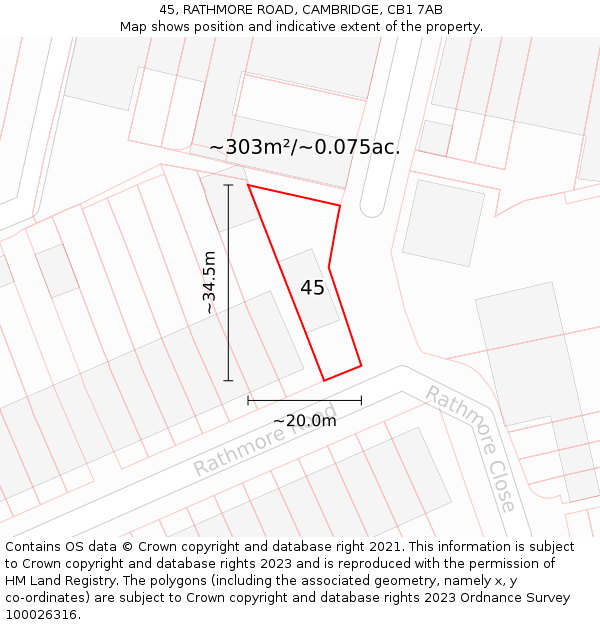 45, RATHMORE ROAD, CAMBRIDGE, CB1 7AB: Plot and title map