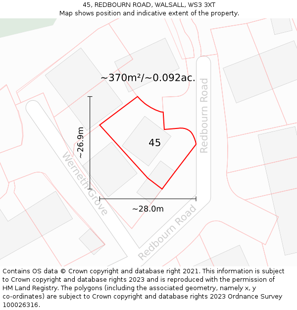 45, REDBOURN ROAD, WALSALL, WS3 3XT: Plot and title map