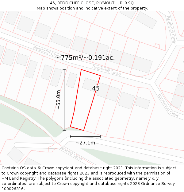 45, REDDICLIFF CLOSE, PLYMOUTH, PL9 9QJ: Plot and title map