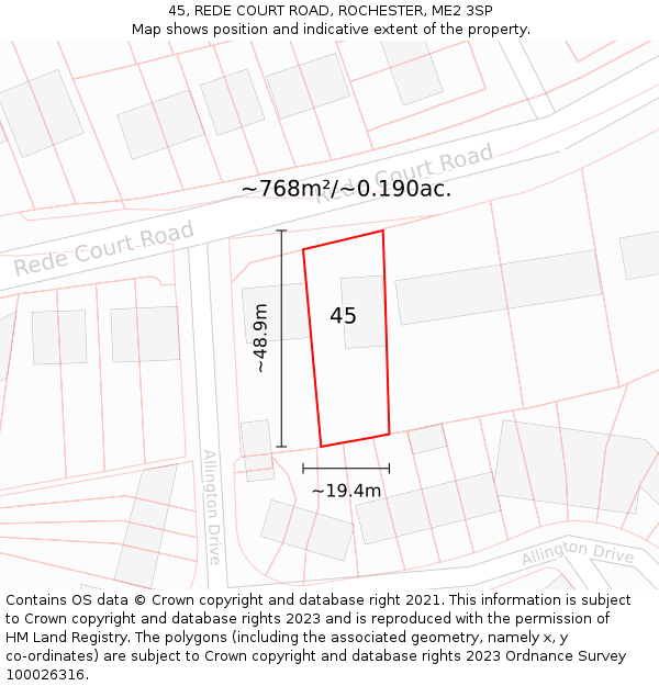 45, REDE COURT ROAD, ROCHESTER, ME2 3SP: Plot and title map