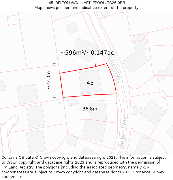 45, RELTON WAY, HARTLEPOOL, TS26 0BB: Plot and title map