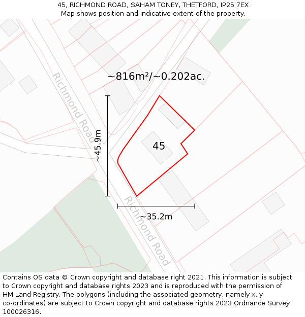 45, RICHMOND ROAD, SAHAM TONEY, THETFORD, IP25 7EX: Plot and title map