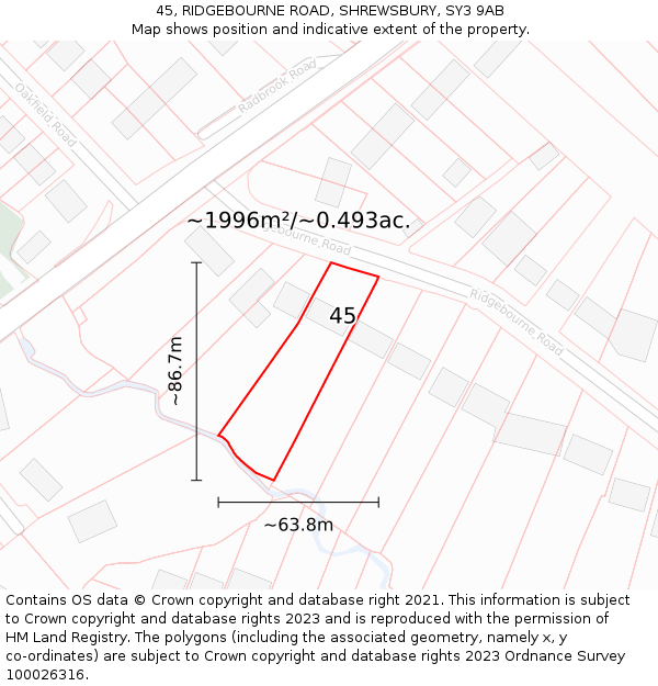 45, RIDGEBOURNE ROAD, SHREWSBURY, SY3 9AB: Plot and title map