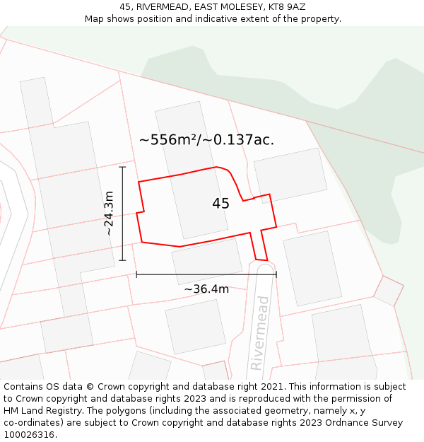 45, RIVERMEAD, EAST MOLESEY, KT8 9AZ: Plot and title map