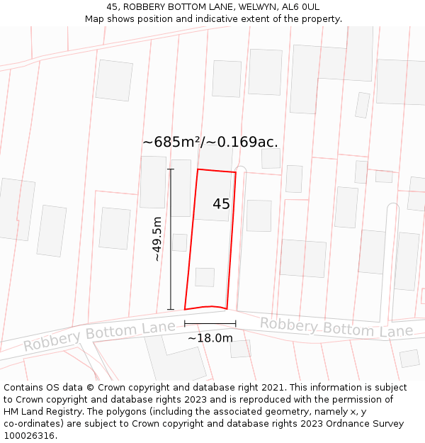 45, ROBBERY BOTTOM LANE, WELWYN, AL6 0UL: Plot and title map