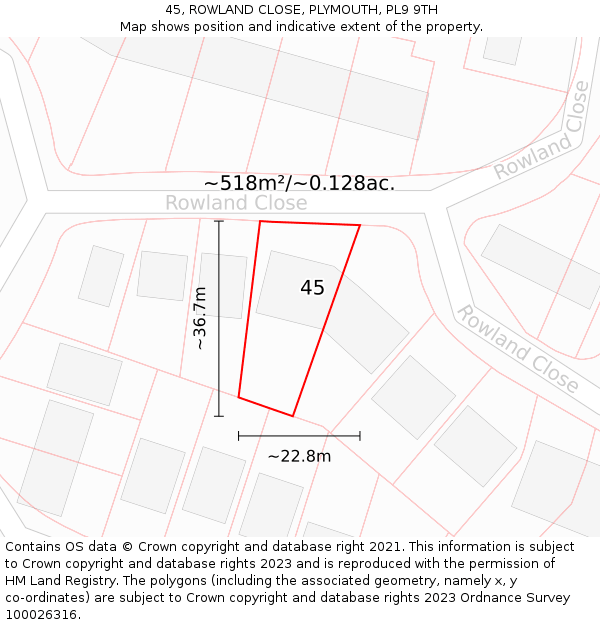 45, ROWLAND CLOSE, PLYMOUTH, PL9 9TH: Plot and title map