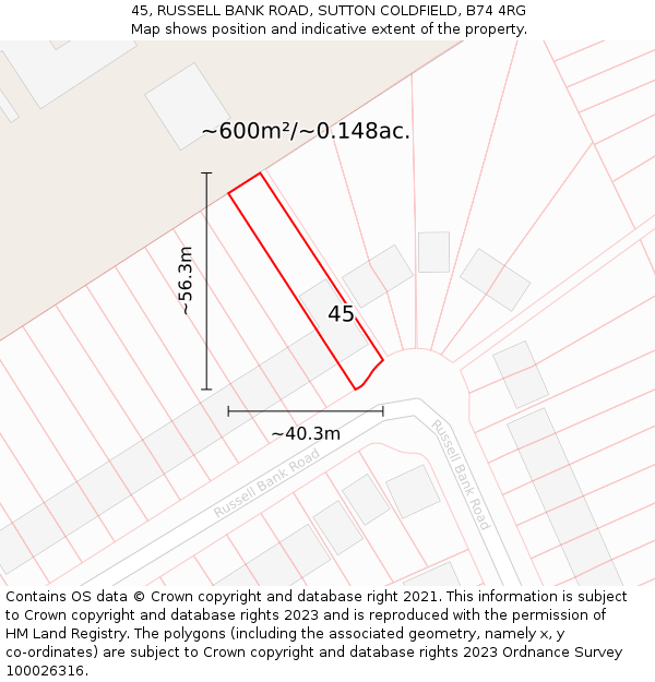 45, RUSSELL BANK ROAD, SUTTON COLDFIELD, B74 4RG: Plot and title map